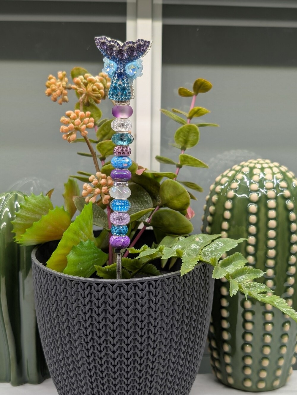 Hand Made Beaded Fairy Wand/Plant/Garden Stake W/Crystal Mermaid Tail 🧜